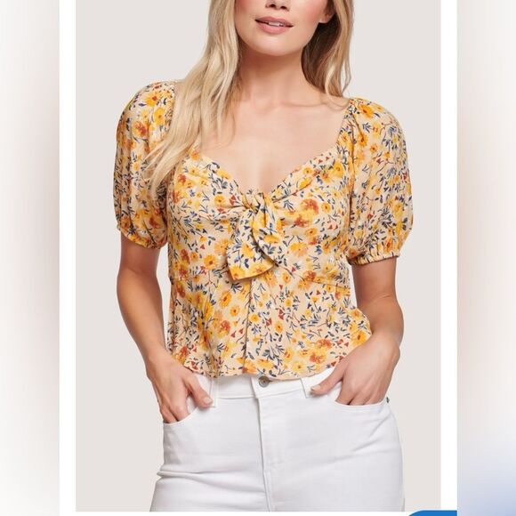Lost + Wander Tops - Lost + Wander Short Puff Sleeve Blouse in Orange and Yellow Floral - Size L